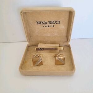 Nina Ricci French Tie Bar Clip Cufflinks Set Gold‎ Silver Tone Logo Two Tone Box